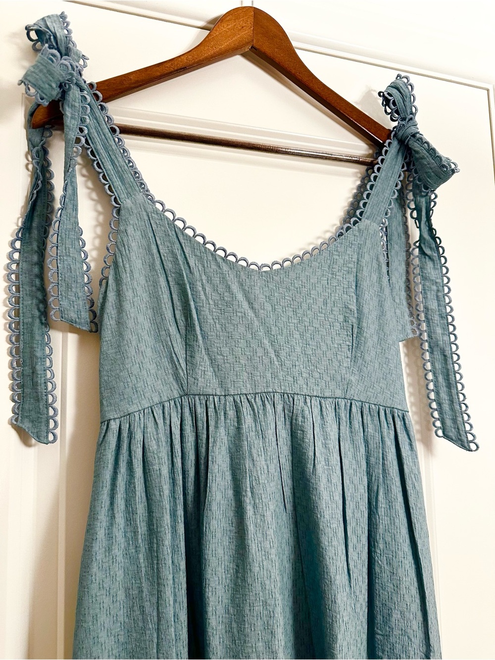 Mine Dusty Teal Lace Tie Shoulder Maxi Dress Cottagecore Small - Picture 2 of 9